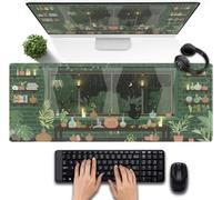 Tappetino per mouse da gioco Kawaii con piante verdi, XL, tappetino per mouse estetico con gatto nero, tappetino da scrivania per computer portatile, tastiera, mouse, accessori decorativi per