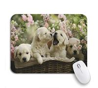 Tappetino per Mouse da Gioco Little Golden Retriever Puppies in Basket Summer Pink Flower Sottomano Impermeabile Base Antiscivolo in Gomma Tappetino Mouse Pad, per Scrivania, Laptop, 25 x 30cm