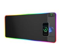 Tappetino per mouse da gioco RGB 2 in 1 con ricarica wireless per telefono, 80 x 30 cm, 24 effetti di luce, base antiscivolo, superficie ultra liscia impermeabile, nessun adattatore