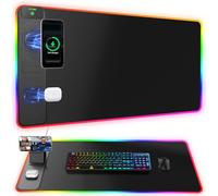 Tappetino per mouse da gioco RGB con ricarica wireless magnetica e supporto per telefono, 80 x 40 cm, 25 effetti di luce, base antiscivolo, superficie impermeabile ultra liscia, nessun adattatore