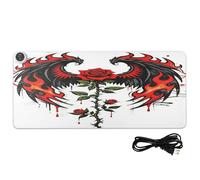 Tappetino per mouse da gioco riscaldato in pelle con stampa di rosa e fenice di fuoco, 80 x 33 cm, antiscivolo, per scrivania, per casa e ufficio