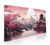 Tappetino per mouse da gioco Sakura giapponese, XXL, con torre di fiori di ciliegio, paesaggio di montagna, grande tappetino da scrivania, fondo in gomma antiscivolo, bordo cucito, tappetino per mouse