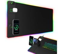 Tappetino per mouse da gioco XXL RGB LED con caricabatterie wireless magnetico e supporto pieghevole per telefono, 80 x 40 cm, tappetino da scrivania ultra liscio, 25 effetti di luce, base antiscivolo