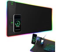 Tappetino per mouse da gioco XXL RGB LED con caricabatterie wireless magnetico e supporto pieghevole per telefono, 80 x 30 cm, tappetino da scrivania ultra liscio, 25 effetti di luce, base antiscivolo