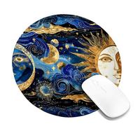 Tappetino per mouse da scrivania, motivo celestiale, sole e luna, design artistico blu e oro, antiscivolo, lavabile, per casa e ufficio, computer portatile, rotondo, 20,3 x 20,3 cm
