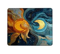 Tappetino per mouse da scrivania, motivo celestiale, sole e luna, design artistico dorato e blu, tappetino per mouse con bordo cucito, in gomma, antiscivolo, lavabile, per casa e ufficio, quadrato