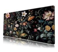 Tappetino per mouse da scrivania, XL, nero con motivo con fiori e piante, da gaming, per mouse e tastiera, decorazione per scrivania dell’ufficio, 80 x 28 cm