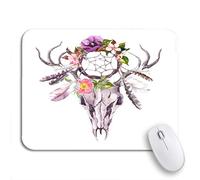 Tappetino per Mouse Deer Animal Skull Dream Catcher Flowers And Feathers Watercolor Sottomano Facile da Pulire Antipolvere Tappetini Mouse, per Computer, Laptop, 25 x 30cm