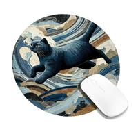 Tappetino per mouse dinamico con gatto tra le onde, opera d'arte felina blu intenso, tappetino per mouse antiscivolo e lavabile per giochi, casa e ufficio, rotondo 8x8 pollici