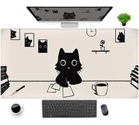 Tappetino per mouse, estetica beige e bianco, stile anime, kawaii, minimalista, nero, con gatto dei fumetti, XXL, per mouse da gioco, per PC e computer portatile, per scrivania da donna, 80 x 40 cm