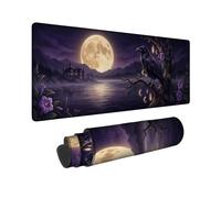 Tappetino per mouse grande con corvo gotico al chiaro di luna, 40,6 x 91,4 | Paesaggio con castello gotico, tappetino per mouse esteso, scena lago illuminata dalla luna, decorazione fantasia scura