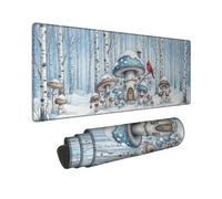 Tappetino per mouse grande con illustrazione di funghi invernali e foresta | Tappetino per mouse XXL, motivo: bosco di betulle innevate, uccello cardinale rosso, cottage fantasioso, paesaggio boschivo