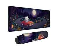 Tappetino per mouse grande con illustrazione di gatto alla guida di un'auto | Tappetino per mouse esteso con scena della foresta, luna piena, auto convertibile rossa, guida di gatti