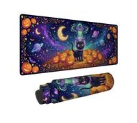 Tappetino per mouse grande, motivo: gatto spaziale e zucche, tema Halloween | Gatto esploratore dello spazio, tappetino per mouse esteso, zucche intagliate, paesaggio galassia cosmica, luna crescente
