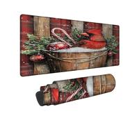 Tappetino per mouse grande, motivo natalizio cardinale, rosso e verde, con bordo cucito, in gomma, antiscivolo, lavabile, per casa e ufficio, 30 x 81 cm