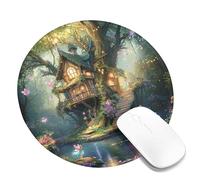 Tappetino per mouse, motivo: casa sull'albero, motivo "La foresta incantata" con colori magici, decorazione primaverile per casa e ufficio, tappetino per mouse rotondo con bordo cucito antiscivolo, 20
