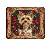 Tappetino per mouse, motivo: Yorkshire Terrier, motivo floreale con papaveri rossi vivaci, bordo cucito, antiscivolo, lavabile, per casa e ufficio, quadrato, 20,3 x 25,4 cm