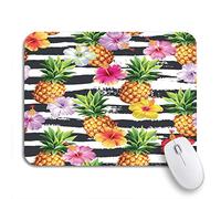 Tappetino Per Mouse Pattern Hawaiian Pineapples And Hibiscus Flowers On Striped Fruit Tappetino Mouse Gaming Lavabile Base Antiscivolo In Gomma Sottomano, Per Gioco, Laptop, 25 x 30cm