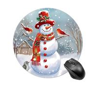 Tappetino per mouse per computer, con pupazzo di neve e uccellini, rotondo, con base in gomma antiscivolo, impermeabile, per laptop, ufficio, casa, 19 x 20 cm