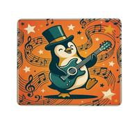 Tappetino per mouse piccolo a tema musicale con pinguino fantasioso | Note musicali, chitarrista, cappello a cilindro, illustrazione fantasiosa, accenti stellari, carattere entusiasta