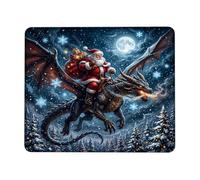 Tappetino per mouse piccolo con Babbo Natale che cavalca il drago, | Fantasia tema, illustrazione di Babbo Natale, paesaggio notturno invernale, sfondo luna piena, texture neve dettagliata