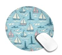 Tappetino per mouse piccolo con barca a vela e onde con faro costiero estivo blu rotondo in gomma liscia portatile mini tappetino per mouse da scrivania decorazione per ufficio casa dormitorio laptop