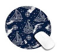 Tappetino per mouse piccolo con barca a vela, nautico minimalista con bussola, onde estive blu navy, rotondo, in gomma, lavabile, mini tappetino per scrivania da viaggio, idea per casa, ufficio