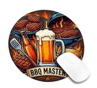 Tappetino per mouse piccolo, con birra, barbecue, rustico, bistecca alla griglia, estivo, marrone, rotondo, in gomma, lavabile, con bordo cucito, accessorio per ufficio, casa, computer, laptop
