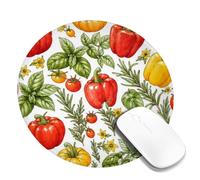 Tappetino per mouse piccolo con campanelle e peperoni, botanico naturale, pomodori basilico, raccolto rosso, rotondo, in gomma, lavabile, portatile, accessorio per ufficio, casa, computer, laptop