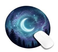 Tappetino per mouse piccolo con galassia di luna crescente celeste | Notte celeste Skyline, Sagome di alberi di pino, arte delle nebulose cosmiche, Paesaggio galassia da sogno
