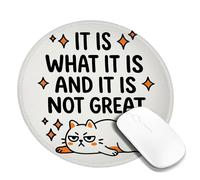Tappetino per mouse piccolo con gatto, divertente e giocoso, con testo a stelle, rotondo, in gomma, liscio, portatile, da viaggio, accessorio da scrivania per computer portatile da gioco, rotondo