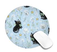 Tappetino per mouse piccolo con gatto, fantasioso dente di leone e stella primaverile, rotondo, in gomma antiscivolo, mini tappetino per mouse da viaggio, accessorio per ufficio, casa, computer
