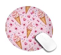 Tappetino per mouse piccolo con gelato, giocoso fantasioso con ciliegie e cuori in fiore di pesca, rotondo, in gomma, antiscivolo, con bordo cucito, accessorio per ufficio, casa, computer, laptop