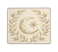 Tappetino per mouse piccolo con illustrazione botanica a mezzaluna celeste | Motivo celeste, ghirlanda di foglie botaniche, decorazione per ufficio bohémien, tonalità neutre, estetica minimalista
