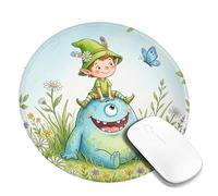 Tappetino per mouse piccolo con mostro e farfalla, rotondo, in gomma, lavabile, estetico, decorativo, per ufficio, casa, dormitorio, laptop, rotondo, 20,3 x 20,3 cm