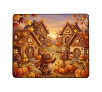 Tappetino per mouse piccolo con paesaggio autunnale e zucche | Accogliente villaggio rustico, atmosfera del tempo del raccolto, personaggio fantasioso dell'orso, scena all'aperto