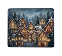Tappetino per mouse piccolo con paesaggio invernale | Pini innevati, case in legno, paesaggio stagionale, villaggio rustico, atmosfera accogliente