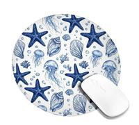 Tappetino per mouse piccolo con stella marina, conchiglie di meduse costiere marine estive blu rotondo in gomma antiscivolo portatile da viaggio tappetino per mouse idea per casa, ufficio, scrivania