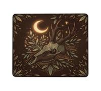 Tappetino per mouse piccolo con teschio di cervo mistico arte botanica | Foglie botaniche, luna crescente, motivi celesti, rustico scuro, tema naturale, foresta
