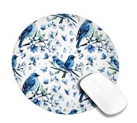 Tappetino per mouse piccolo con uccellino, motivo primaverile, natura, fiore, farfalla, primavera, blu, rotondo, in gomma, antiscivolo, estetico, da scrivania, per casa, ufficio, scrivania, laptop