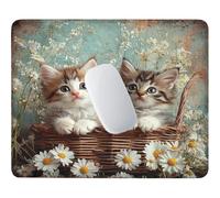 Tappetino per Mouse Piccolo Gatto e cestino di bambù 29 x 24 cm q-979 | Base Gomma Morbida Antiscivolo, Tessuto Poliestere, Asciugatura Veloce, per Scrivanie Legno e Vetro, Viaggi Lavorativi