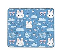Tappetino per mouse piccolo, grazioso tappetino per mouse con coniglietto e fiocco con nuvole, blu, quadrato, in gomma, lavabile, portatile, idea regalo per casa, ufficio, scrivania, laptop, gamer
