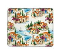 Tappetino per mouse piccolo, motivo case e alberi d'acqua con paesaggio mediterraneo estivo blu quadrato in gomma liscia estetica tappetino per mouse da scrivania idea per casa, ufficio, scrivania