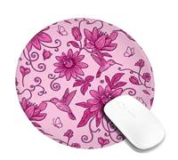 Tappetino per mouse piccolo, motivo con colibrì, fiore fantasioso, farfalla, primavera, pesca, rotondo, in gomma liscia, bordo cucito, idea per casa, ufficio, scrivania, laptop, gamer, regalo, rotondo