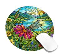 Tappetino per mouse piccolo, motivo libellula, fiore vibrante sole primavera verde rotondo in gomma liscia bordo cucito tappetino per mouse idea per casa, ufficio, scrivania, laptop, gamer, regalo