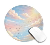 Tappetino per mouse, piccolo, motivo nuvole, con uccelli e sole primaverile, rotondo, in gomma, antiscivolo, portatile, da viaggio, decorazione per ufficio, casa, dormitorio, laptop, rotondo, 20,3 x