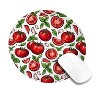 Tappetino per mouse piccolo, motivo pomodori, rustico, basilico, aglio, estate, rosso, rotondo, in gomma, lavabile, con bordo cucito, decorazione per scrivania, ufficio, casa, dormitorio, laptop