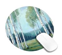 Tappetino per mouse portatile, motivo: albero di betulla, natura, foresta, bosco, paesaggio con pittura a olio, arte scenica, verde, bianco, poliestere, gomma, decorativo, lavabile, per biblioteca