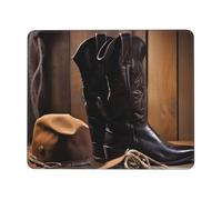 Tappetino per mouse quadrato con base in gomma antiscivolo, 21,1 x 26,2 cm, con bordo cucito, cowboy, cappello nero, stivali western, tappetino per mouse da gioco, per computer, laptop, casa, ufficio