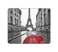 Tappetino per mouse quadrato con base in gomma antiscivolo, 25,4 x 30,5 cm, con bordo cucito, Torre Eiffel, Parigi, strada rossa, ombrello rosso, tappetino per mouse da gioco, per computer portatile